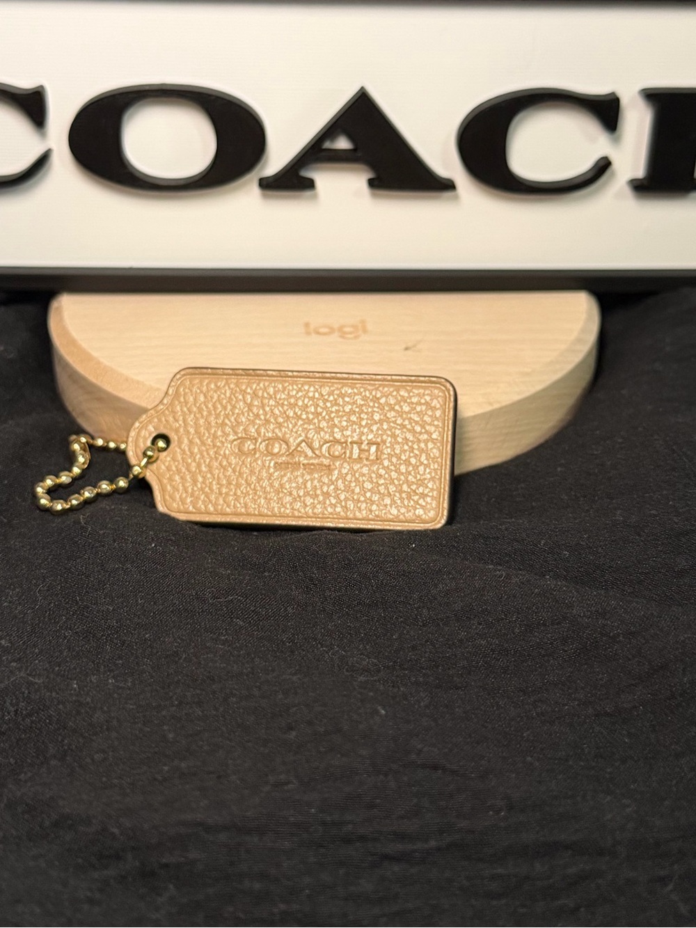 Coach Pebbled Leather Bag Tag in Tan with Gold Chain